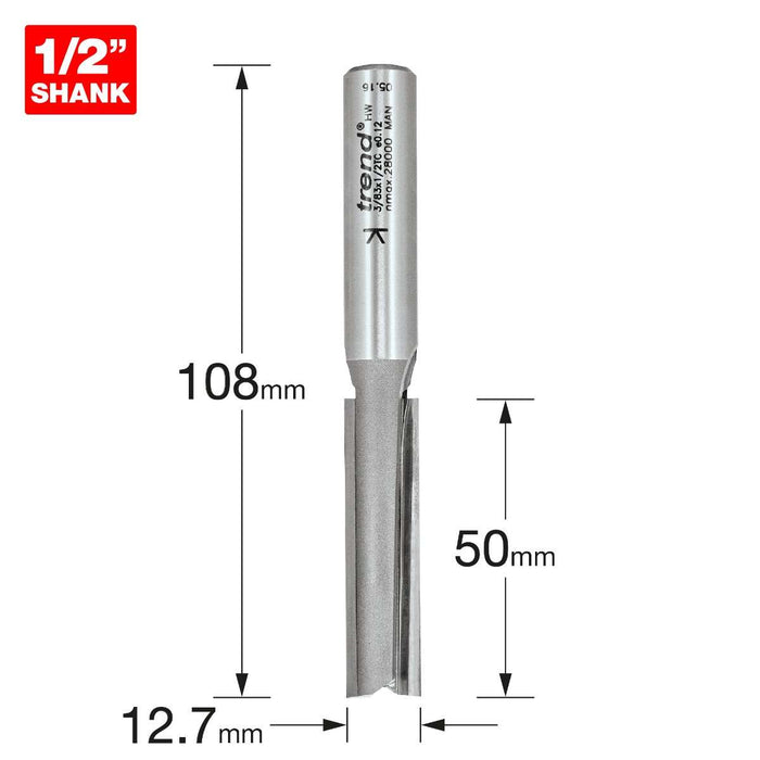 Trend 3/83 12.7mm Dia x 50mm Two Flute Cutter 1/4" Shank 108mm Overall