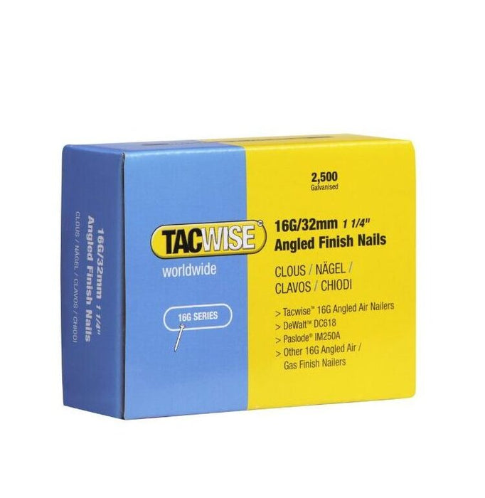 Tacwise Type 16G Galvanised Angled Finish Nails, 20° Inclined, Pack of 2500