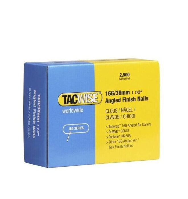 Tacwise Type 16G Galvanised Angled Finish Nails, 20° Inclined, Pack of 2500