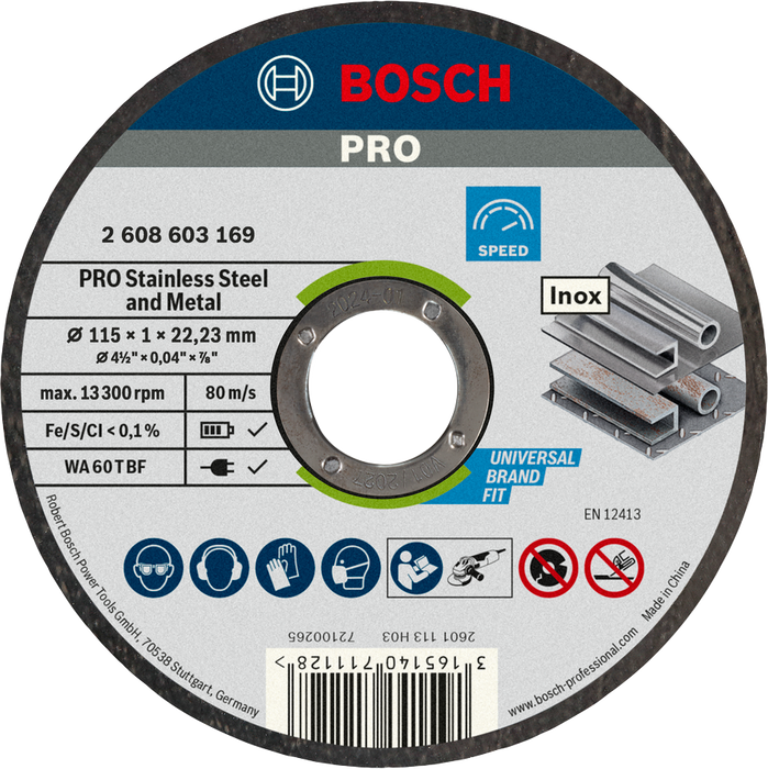 Bosch PRO 115x1x22.23mm Stainless Steel and Metal Bonded Cutting Disc Straight, 10pcs