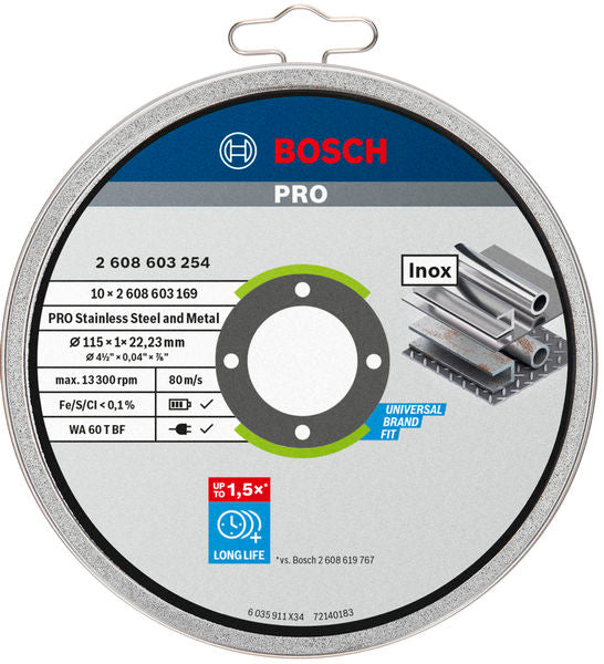 Bosch PRO 115x1x22.23mm Stainless Steel and Metal Bonded Cutting Disc Straight, 10pcs
