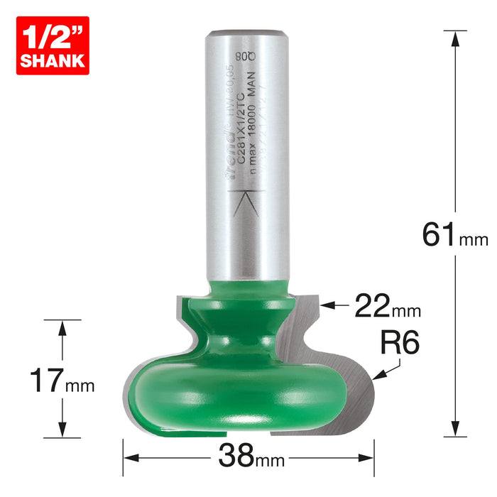 Trend Craft C281 x 1/2" TC 6.3mm Radius 38mm Dia Drawer Pull Cutter