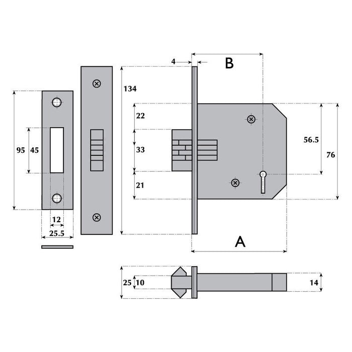 G5006 5 Lever Mortice Sliding Door Lock SSS 76mm