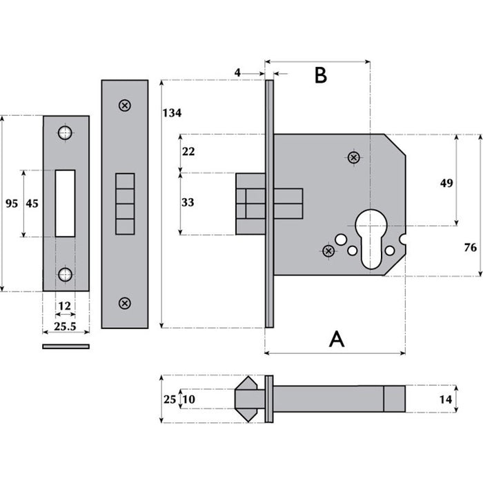 G7006 Euro-Profile Cylinder Mortice Sliding Door Lock SSS 101mm