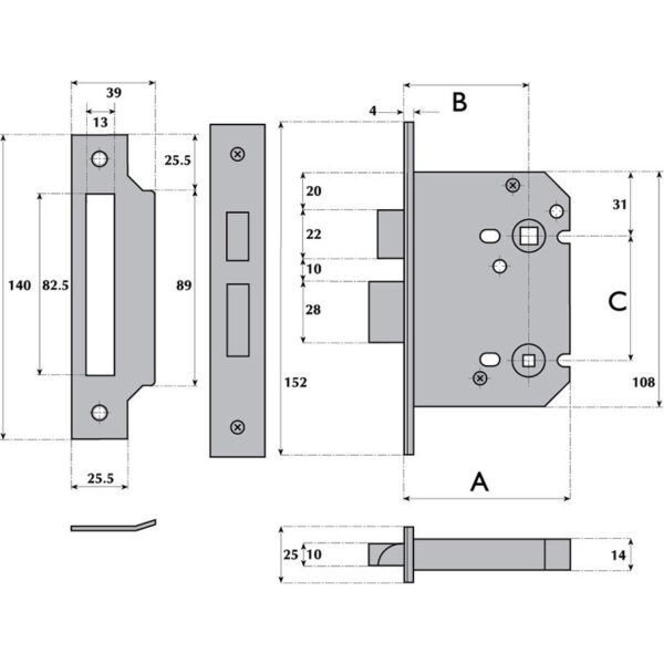 G8020 Bathroom Mortice Lock SSS 101mm