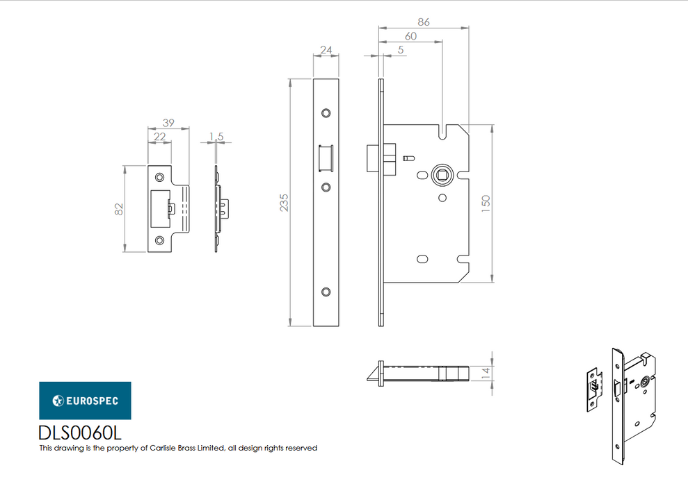 Eurospec Easi-T Architectural Din Latch 60mm Backset SSS