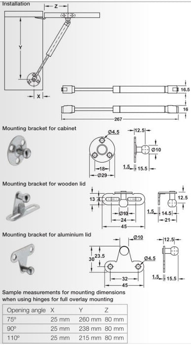 Automatic Opening Lid Stay 120N 268mm