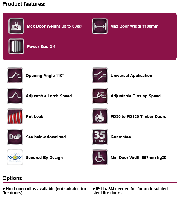Rutland TS.11204 EN 2-4 Cam Action Door Closer c/w Semi-radius cover & Slidearm