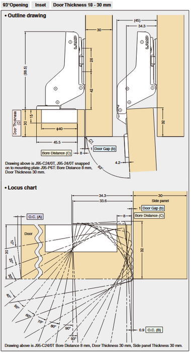 Sugatsune J94-C24/0T Heavy Duty Hinge W Catch, Inset
