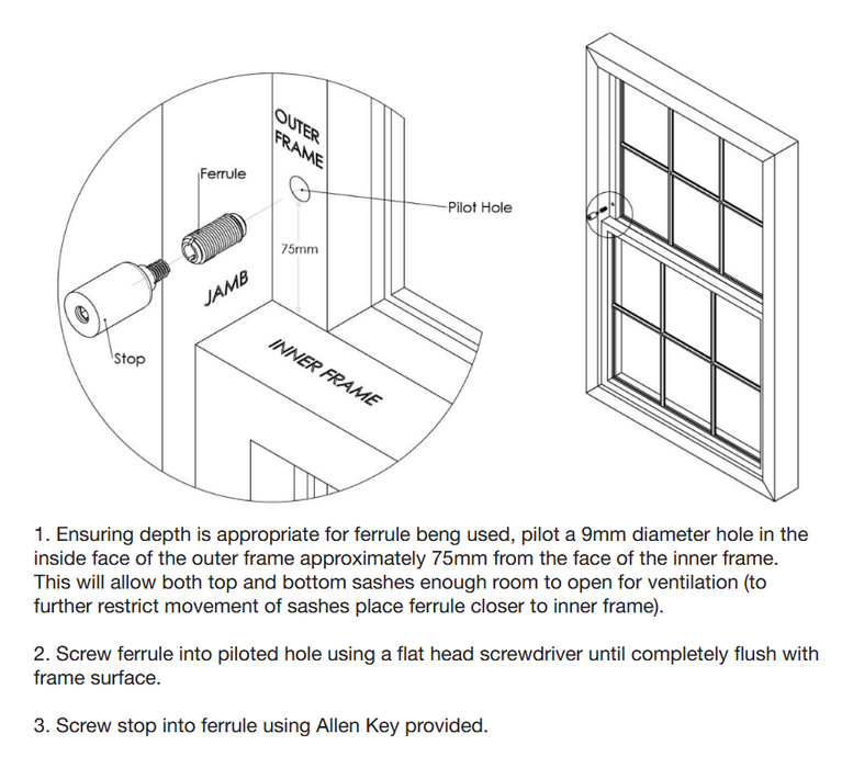 Carlisle Brass WB18 Sash Window Stop ( 2 x Stops 4 x Ferrules 1 x Key)