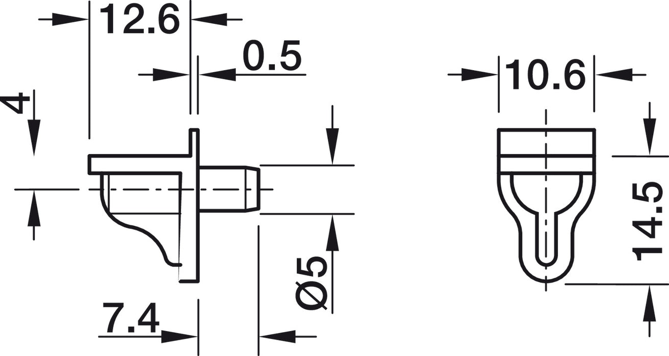 Shelf Support, Plug in, for Wooden and Glass Shelves and for Ø 5 mm Holes (100 pieces)