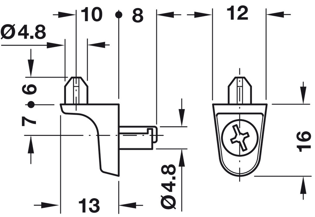Shelf Support, Plug in, for Wooden Shelves and Ø 5 mm Holes (100 pieces)