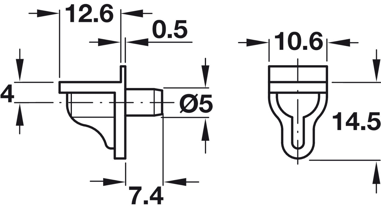 Shelf Support, Plug in, for Wooden and Glass Shelves and for Ø 5 mm Holes (100 pieces)