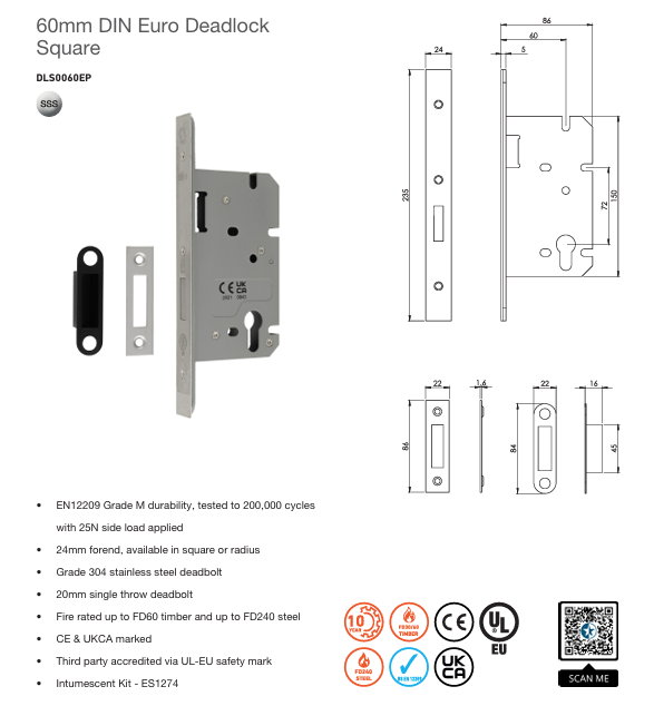 Eurospec Easi-T Architectural Din Euro Profile Deadlock 60mm Backset SSS