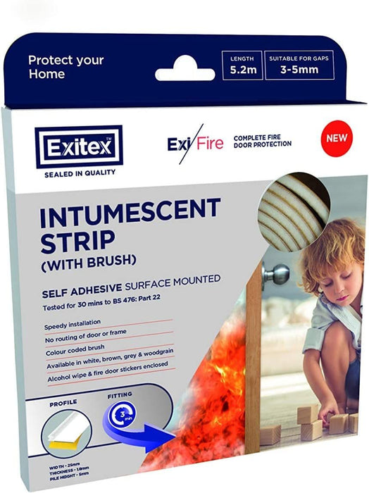 Exitex  Self Adhesive Surface Mounted Intumescent Strip With Brush White 5.2m