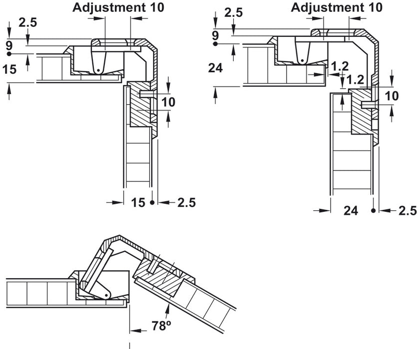 Hafele 343.90.710 Pie-Cut Corner Hinge, 78°, Zinc Die-Cast